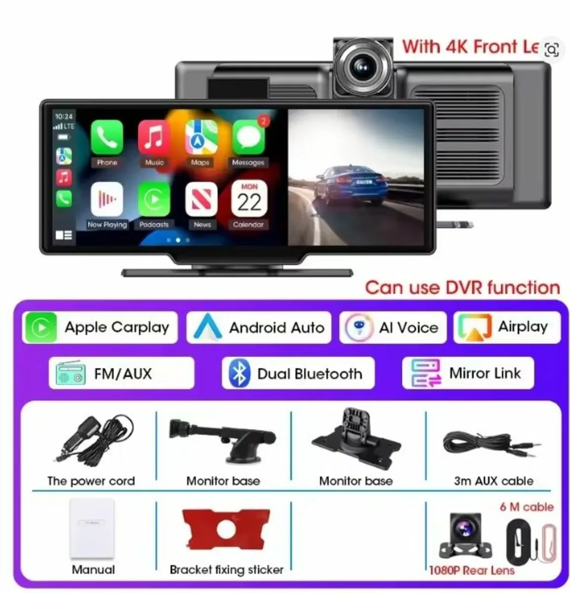 4K Dash Cam Rearview Mirror Camera Carplay - Image 1