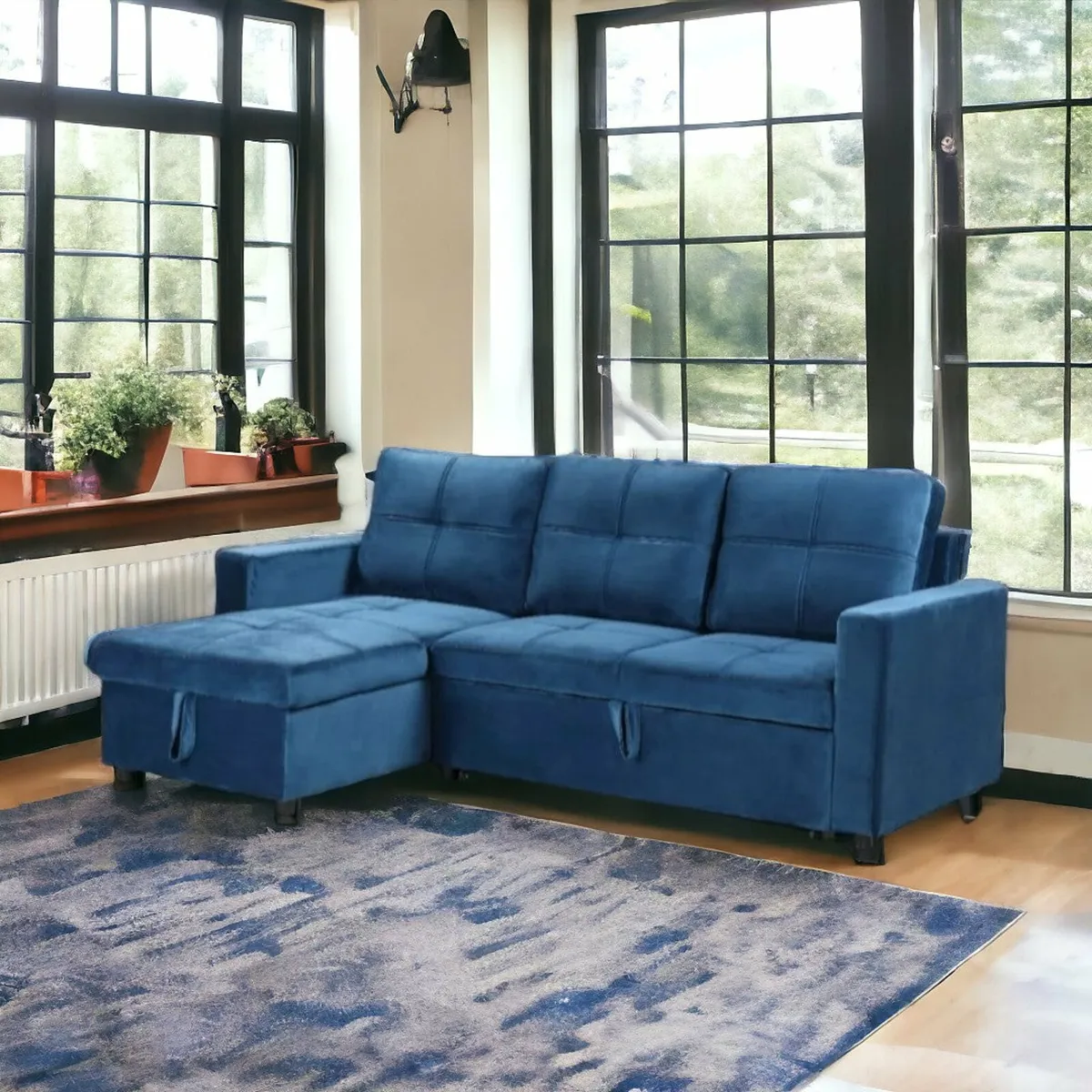 Blue Corner Sofa Bed 215cm Velvet with Storage - Image 1