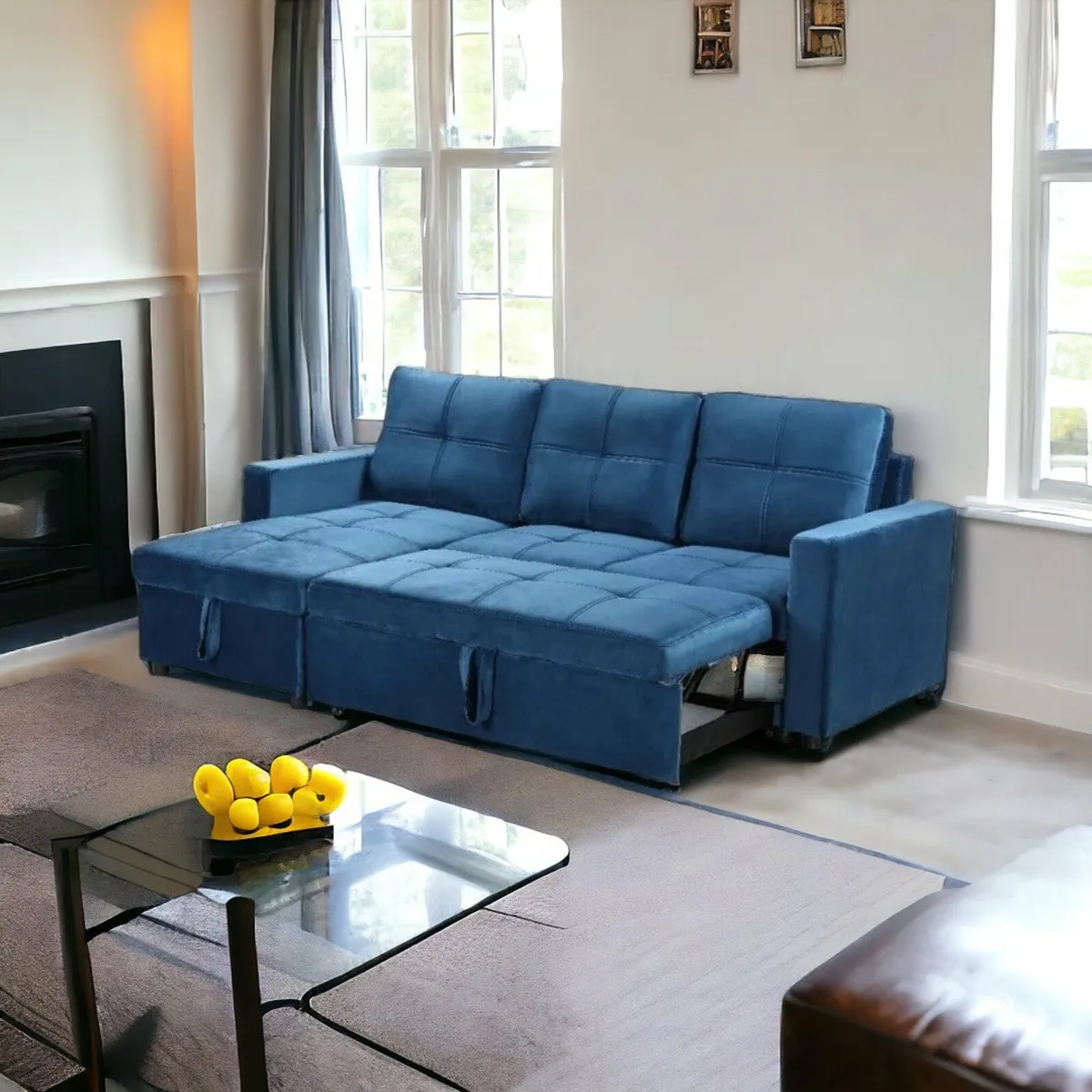 Blue Corner Sofa Bed 215cm Velvet with Storage - Image 3
