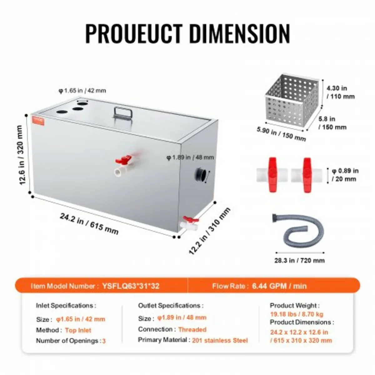 Grease Trap, 25 LBS Grease Interceptor, Top Inlet - Image 2