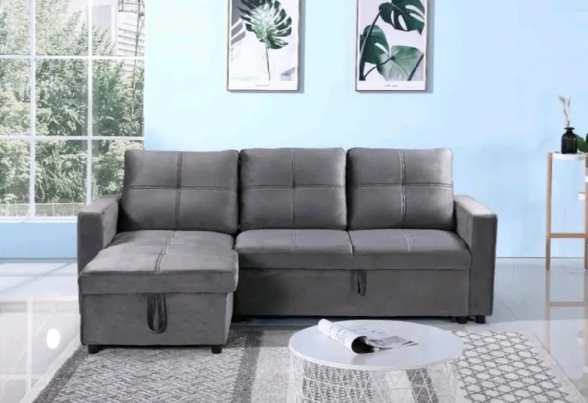Dark Grey Velvet Sofa Bed Corner with Storage - Image 1