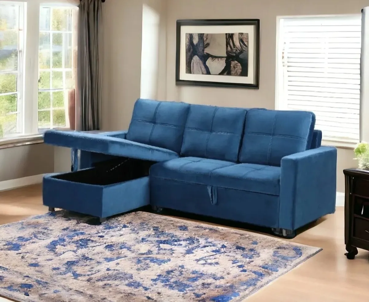 Blue Corner Sofa Bed 215cm Velvet with Storage - Image 1