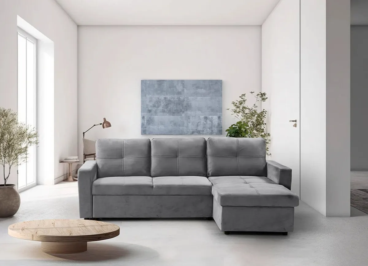 Dark Grey Velvet Sofa Bed Corner with Storage - Image 1