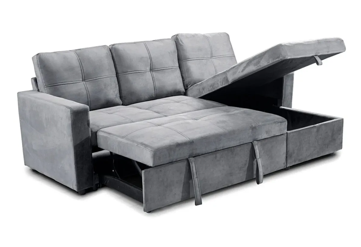 Dark Grey Velvet Sofa Bed Corner with Storage - Image 2