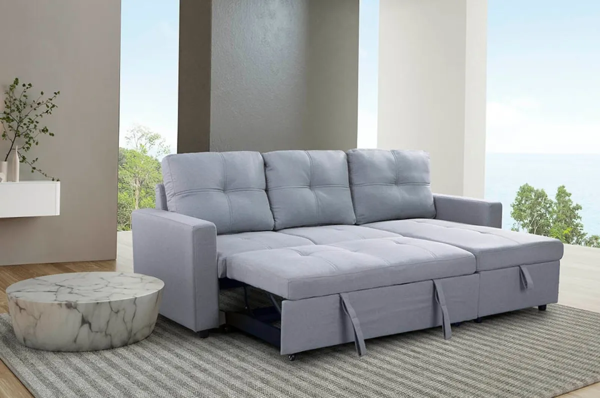 Light Grey Velvet Sofa Bed Corner with Storage - Image 2