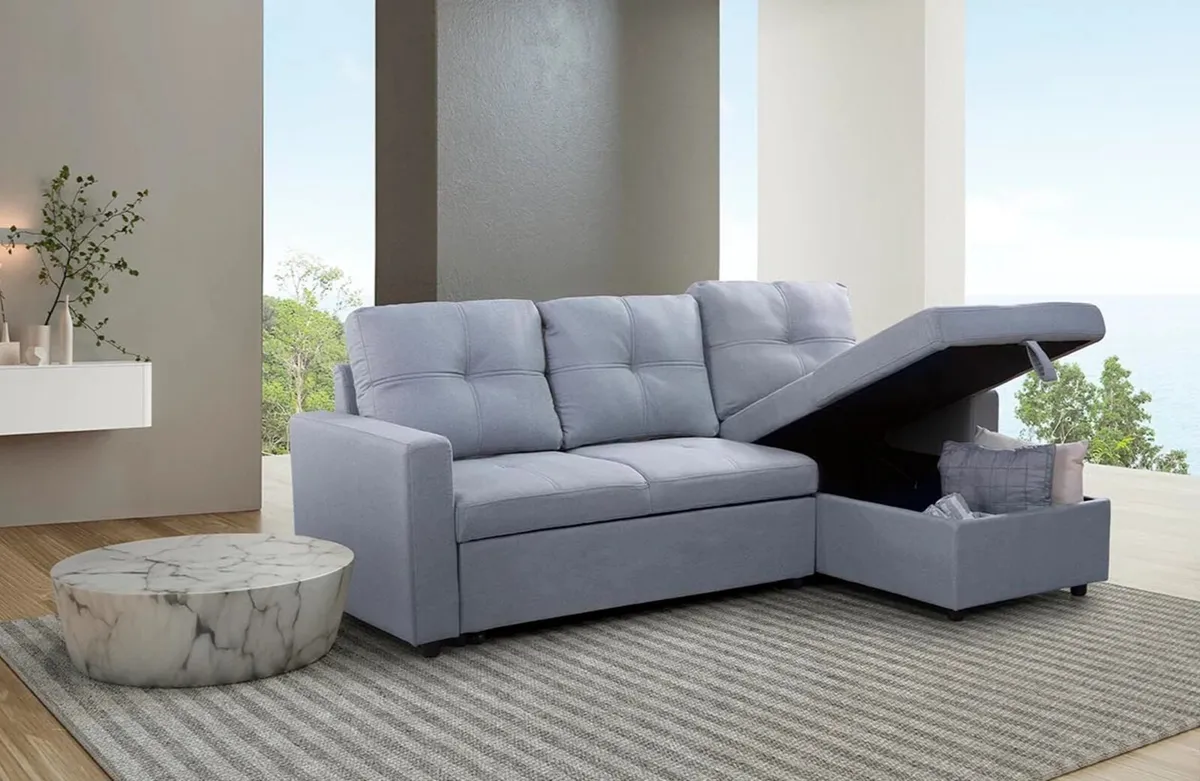 Light Grey Sofa Bed Velvet 215cm Corner Couch - Image 1