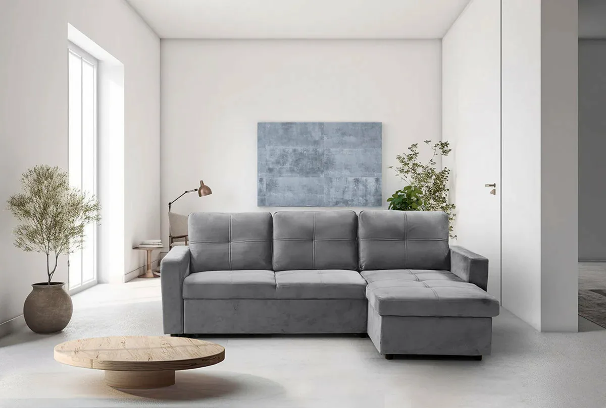 Dark Grey Velvet Sofa Bed Corner with Storage - Image 1
