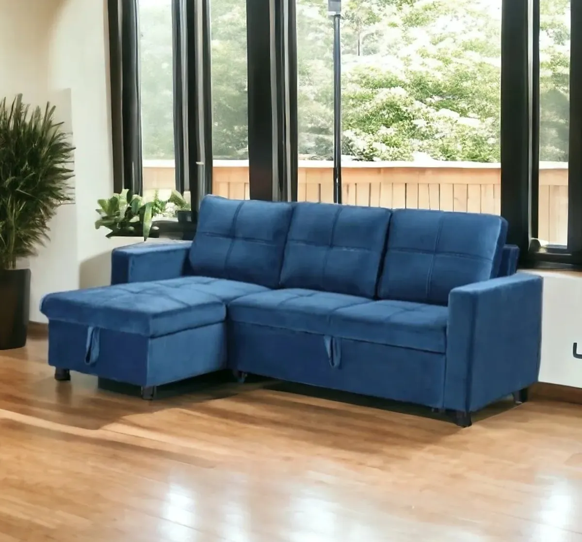 Blue Corner Sofa Bed 215cm Velvet with Storage - Image 1