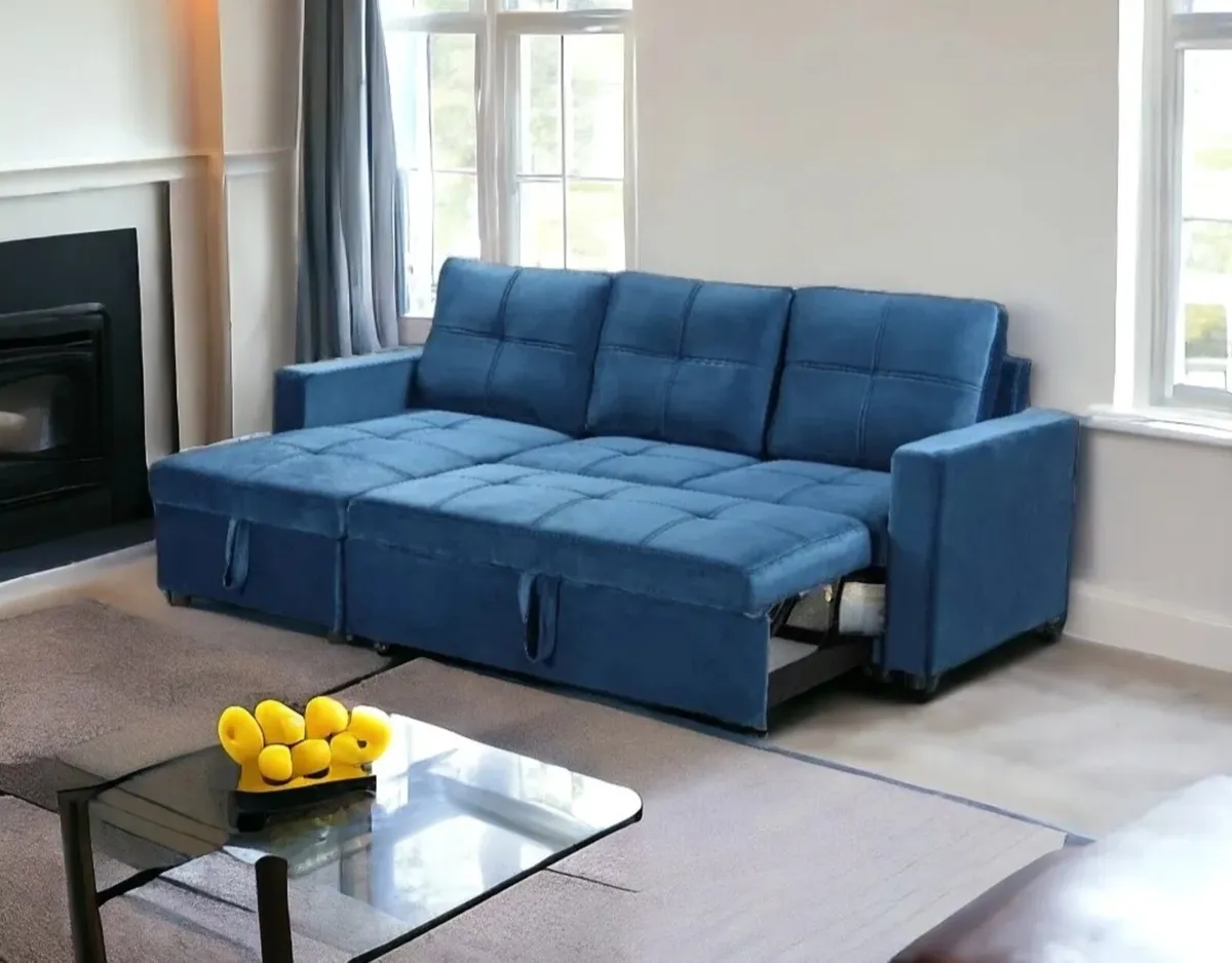 Blue Corner Sofa Bed 215cm Velvet with Storage - Image 3