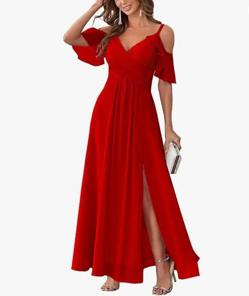 Bridesmaid Dress - Red, Off-Shoulder, Chiffon - Image 1