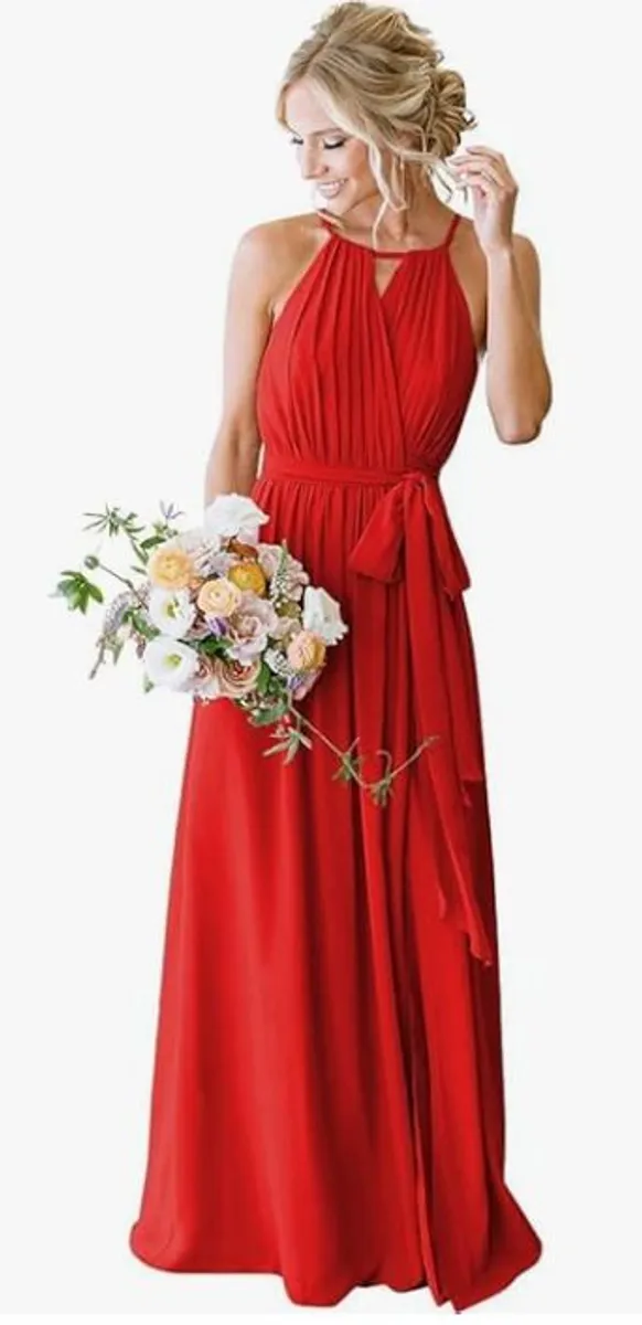 Bridesmaid dress - Red, Chiffon, Halter neck - Image 1