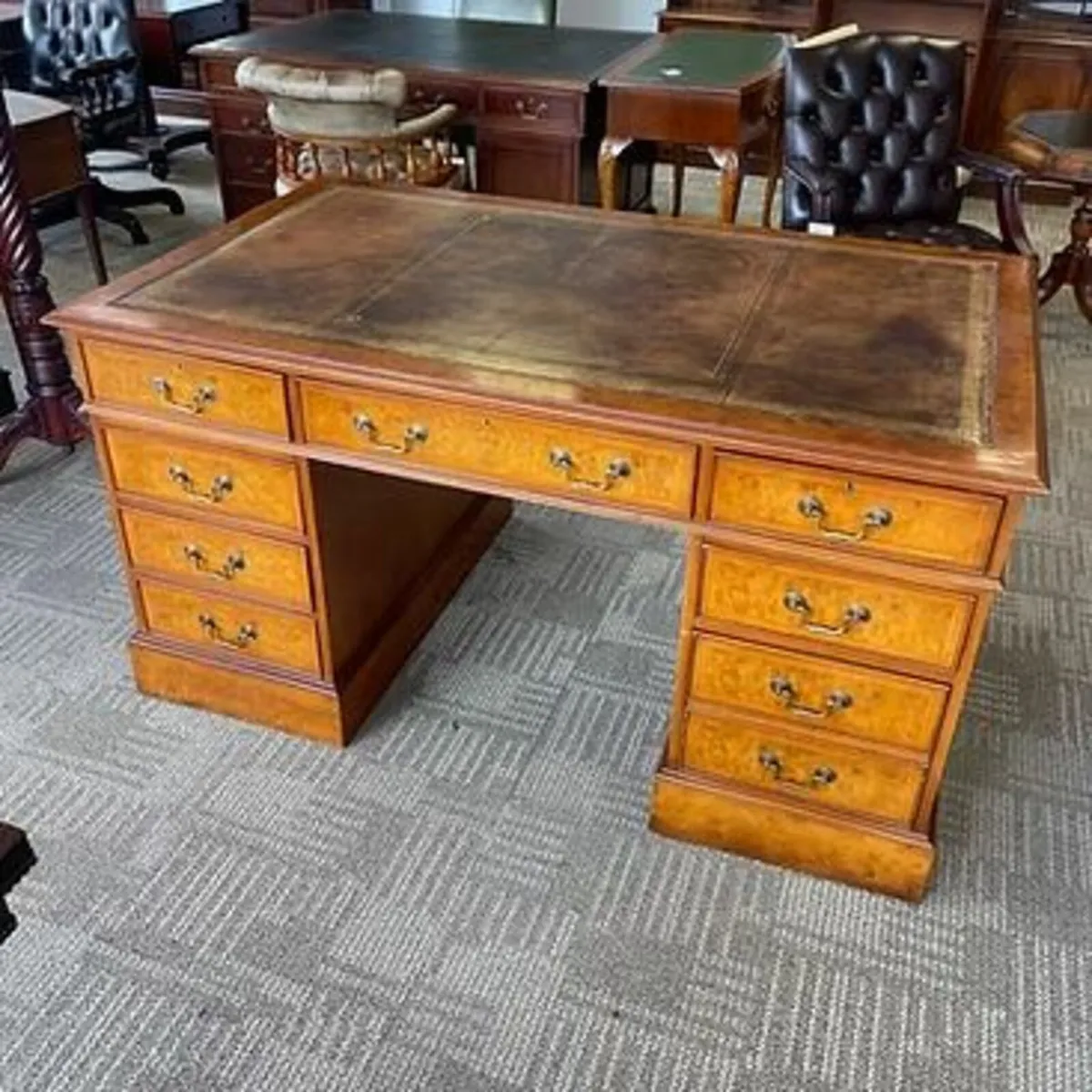 Beautiful walnut twin pedestal writing desk. Tan l