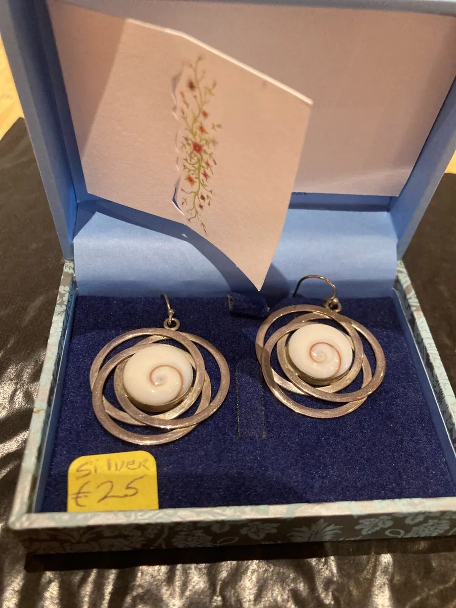 Sterling Silver  loop earrings, shell centre - Image 1