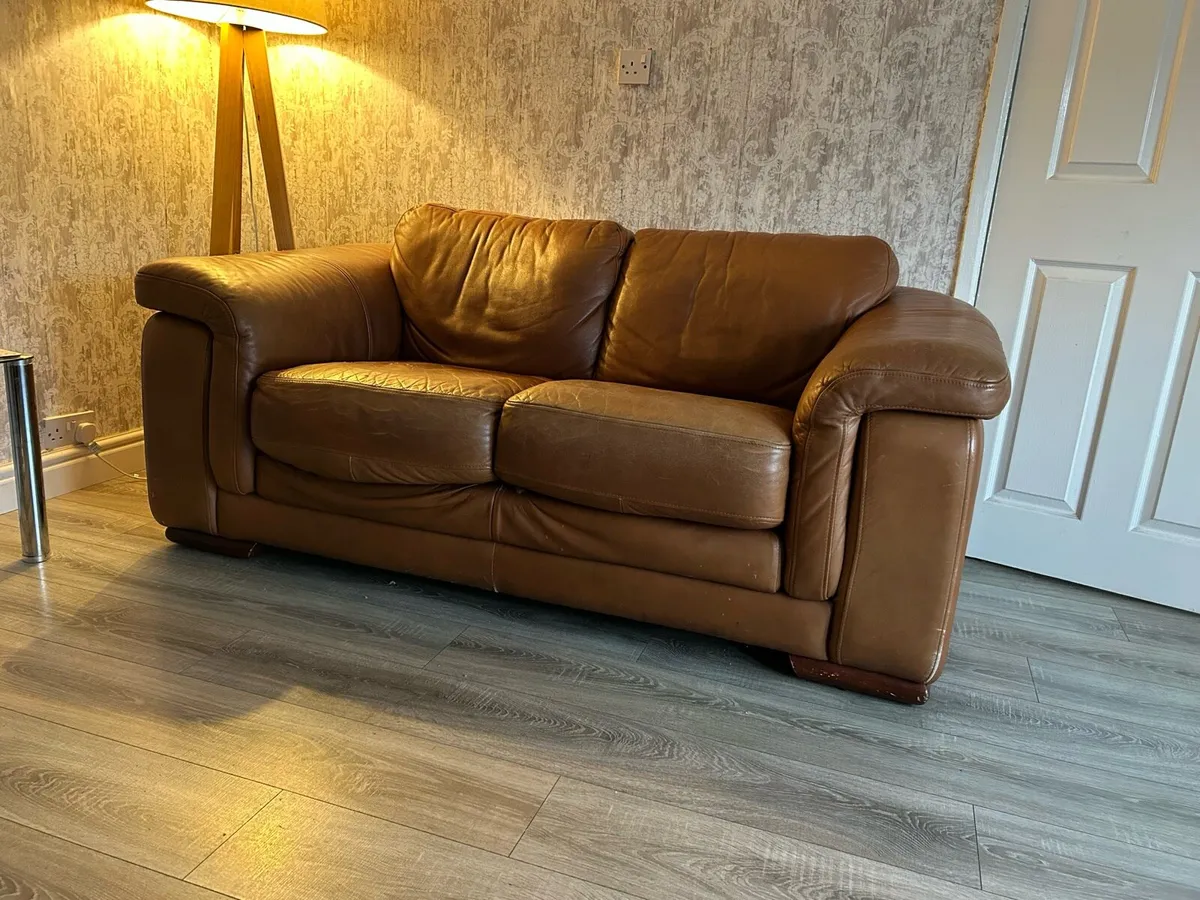 Genuine Brown Leather Sofa 3 & 2 Seater - Image 1