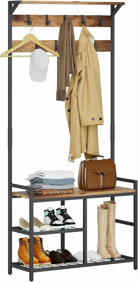 Hallway Coat Rack Shoe Bench,  Rustic Brown - Image 1
