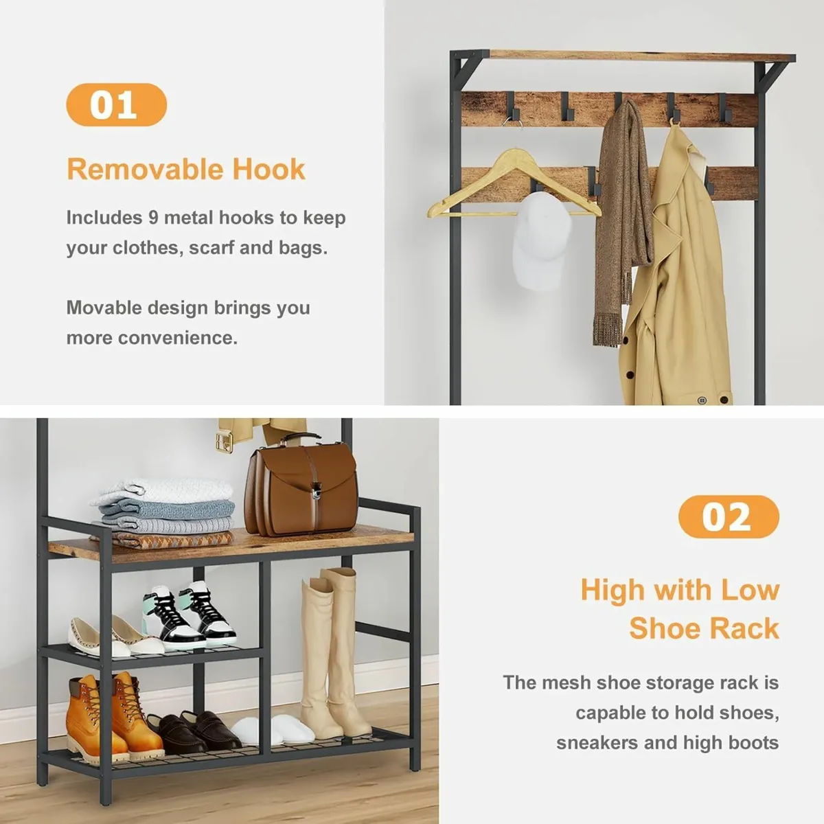 Hallway Coat Rack Shoe Bench,  Rustic Brown - Image 3