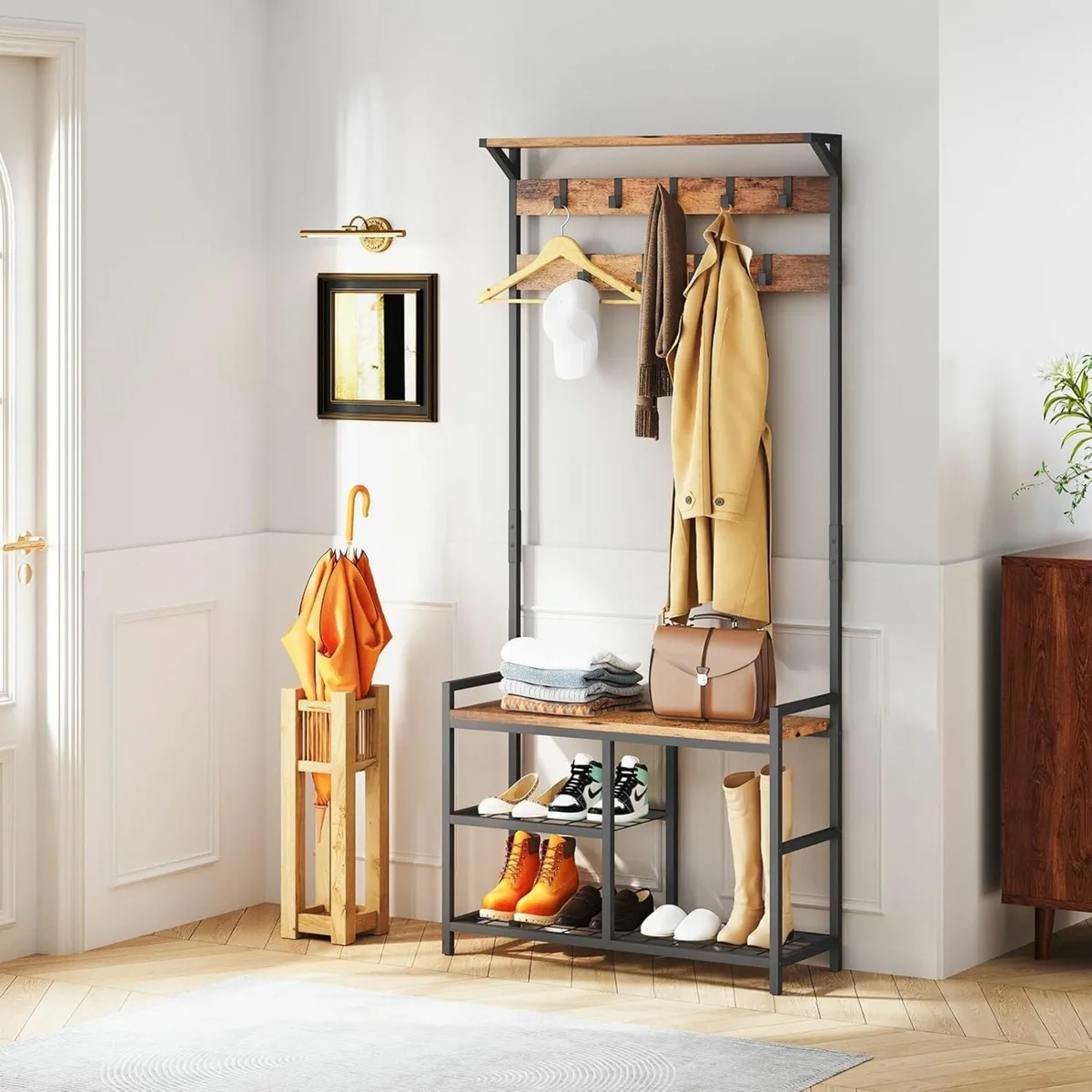 Hallway Coat Rack Shoe Bench,  Rustic Brown - Image 4