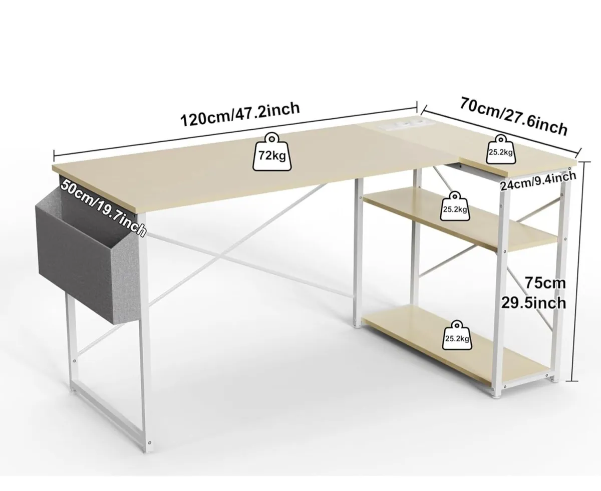 Small L Shaped Desk with Power Outlets  120x70cm - Image 3