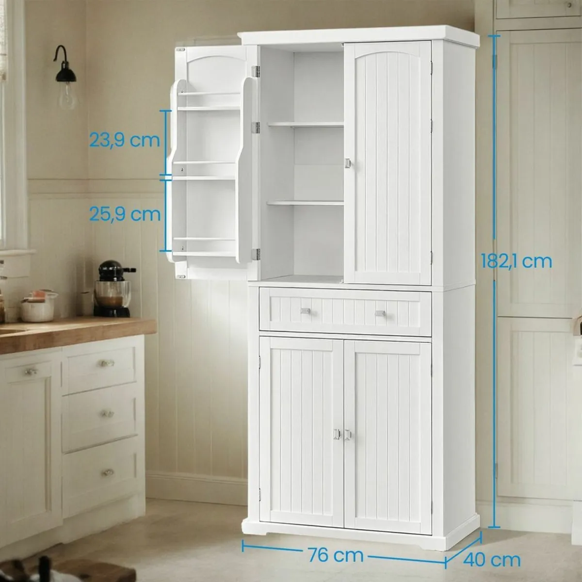 Tall White Storage Cabinet with Shelves and Drawer - Image 3