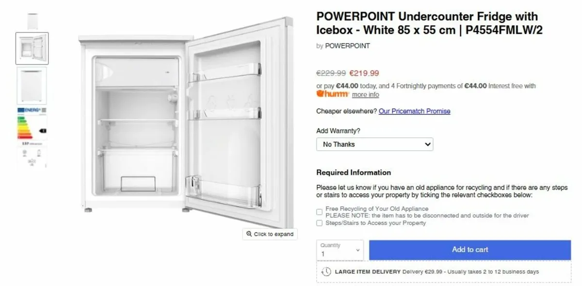 POWERPOINT Undercounter Fridge with Icebox - White - Image 1