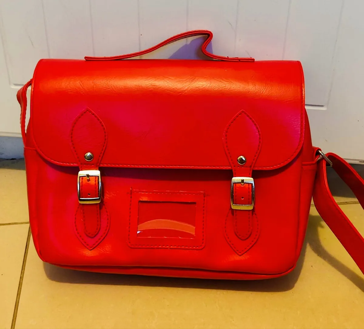 Bright Red Faux Leather Satchel Bag – Adjustable S - Image 3