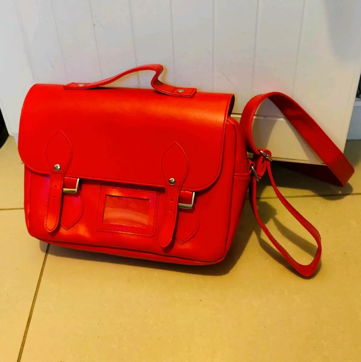 Bright Red Faux Leather Satchel Bag – Adjustable S - Image 4