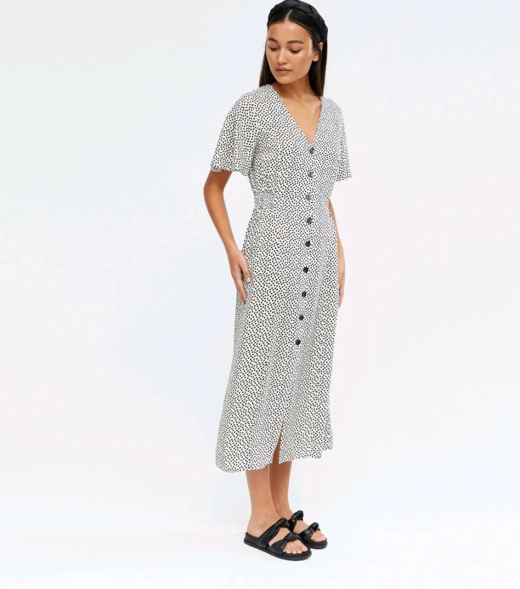New Look White & Black Polka Dot Midi Dress - Size - Image 1
