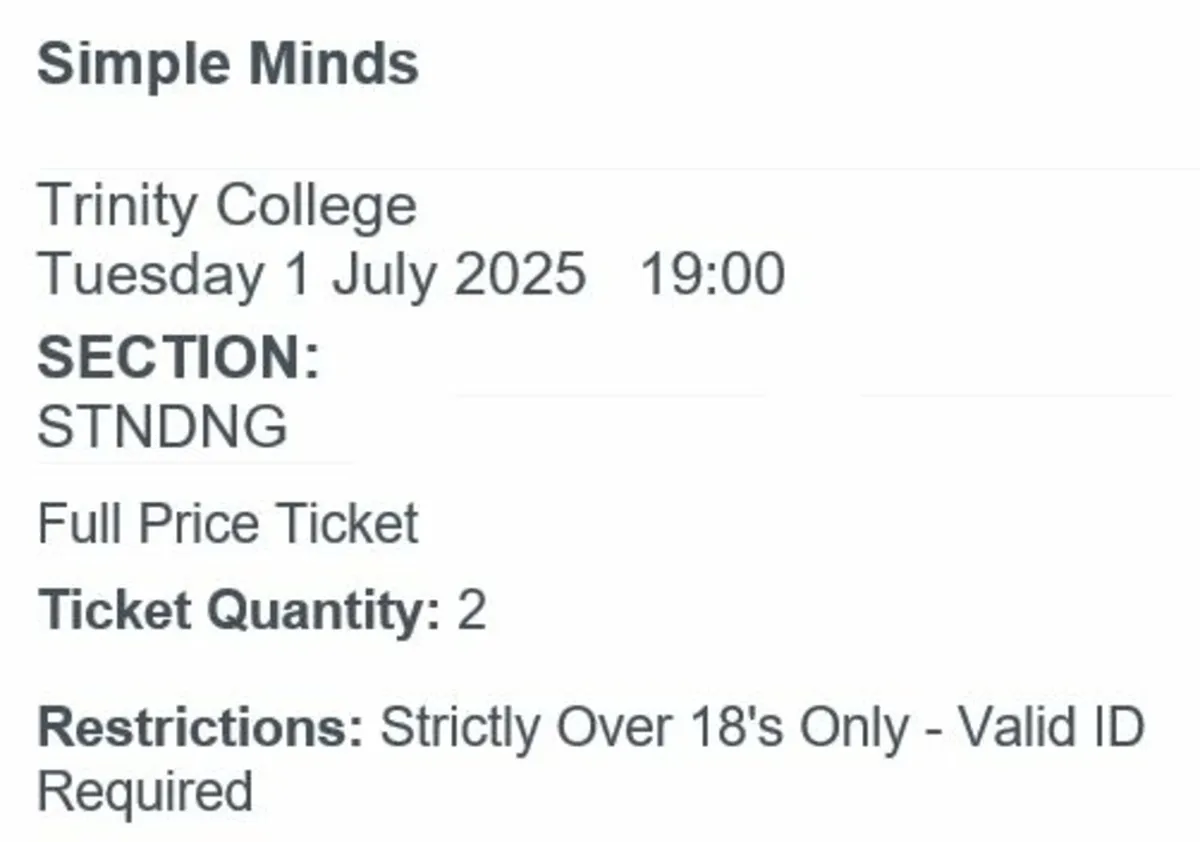 Simple Minds Trinity July 1 Tickets x2 €160