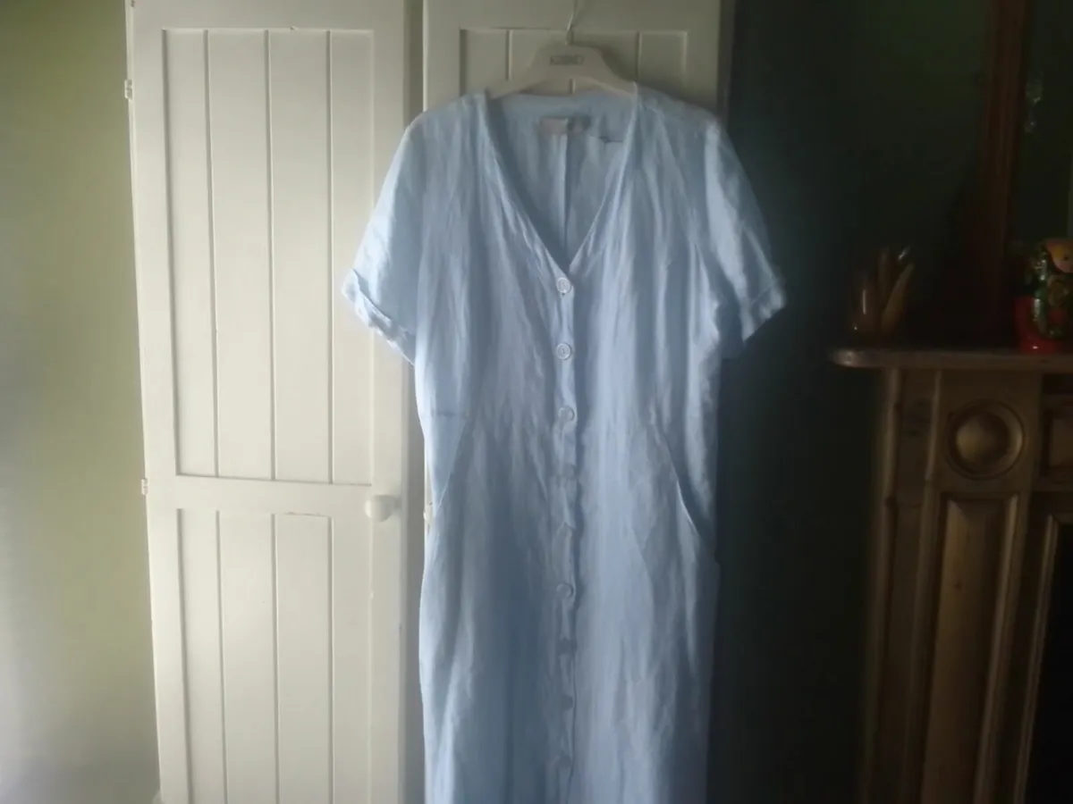 PAUL COSTELLOE BLUE LINEN MIDI DRESS14-16 NEW - Image 1