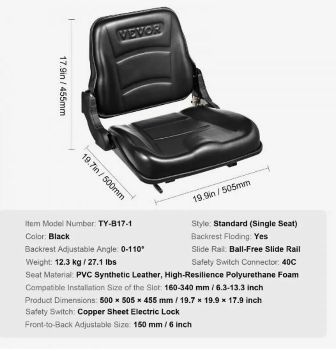 Universal Forklift Seat, Fold Down Tractor Seat - Image 2