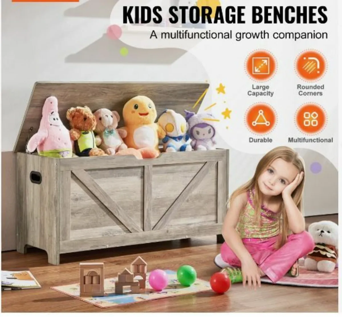 Kids Toy Storage Bench Wooden Toy - Image 2