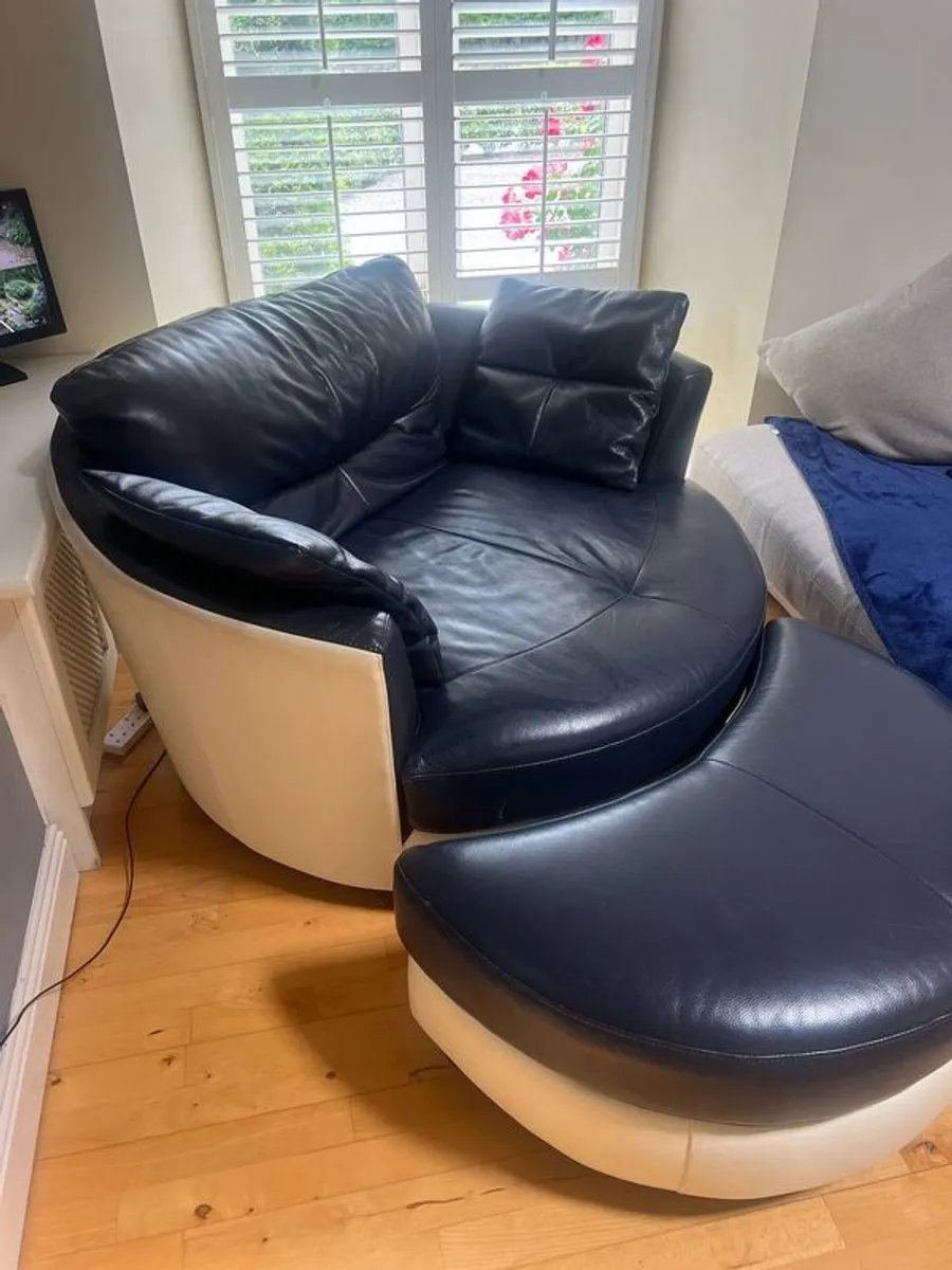 Large Leather Swivel Chair with Footstool - Image 1