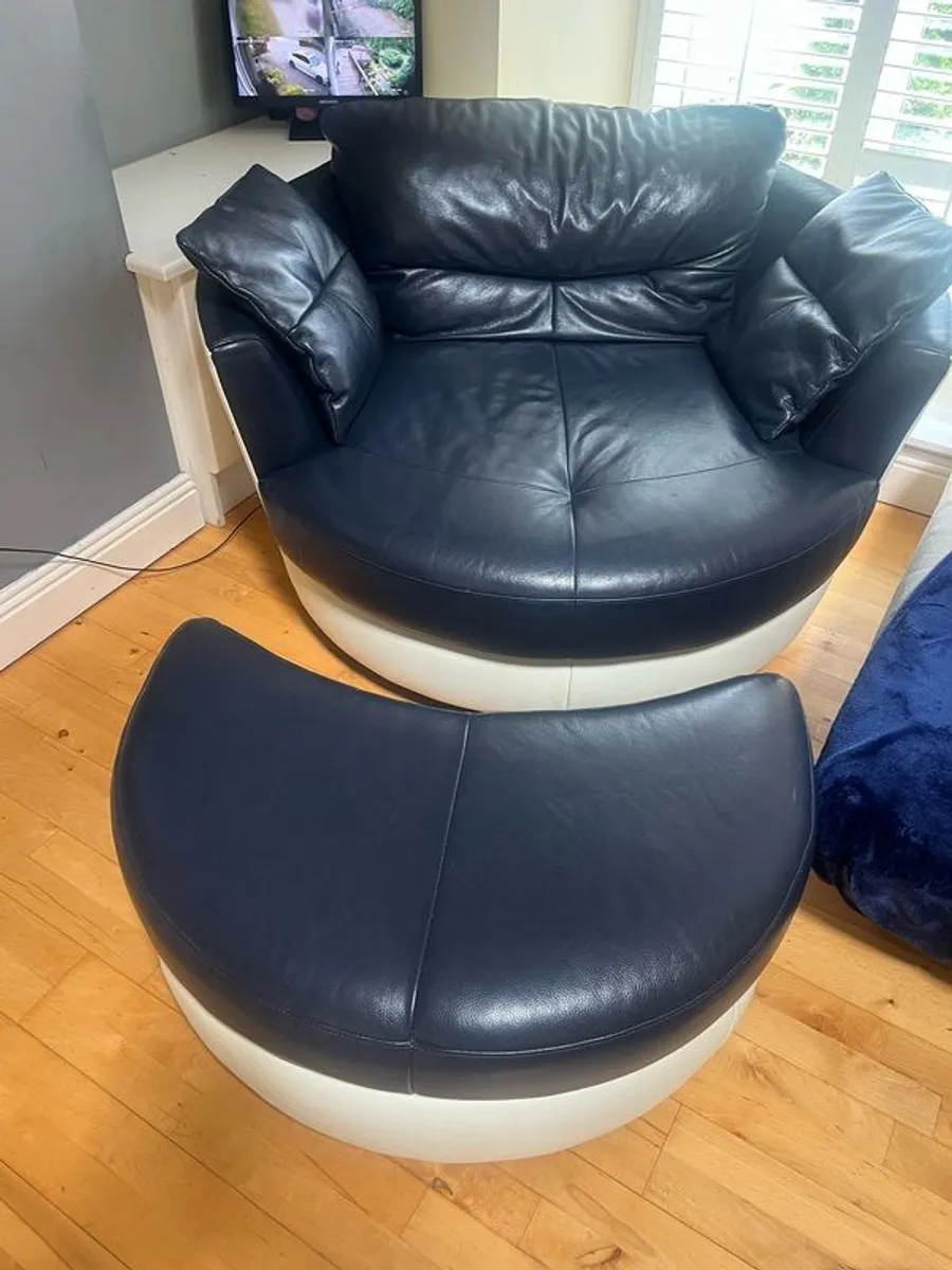 Large Leather Swivel Chair with Footstool - Image 2