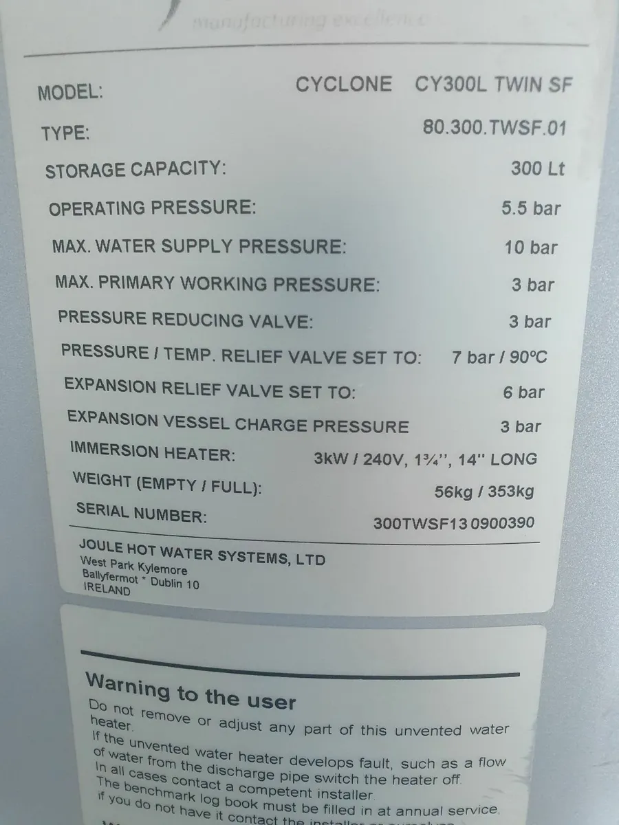 Joule 300L  twin coil stainless steel cylinder - Image 1