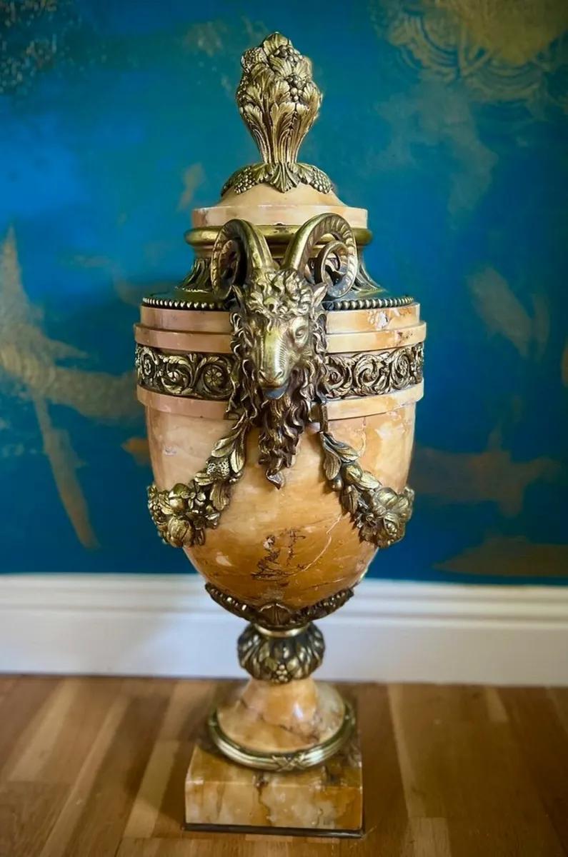 Antique French Marble Urn with Ram Handles and Bra - Image 1