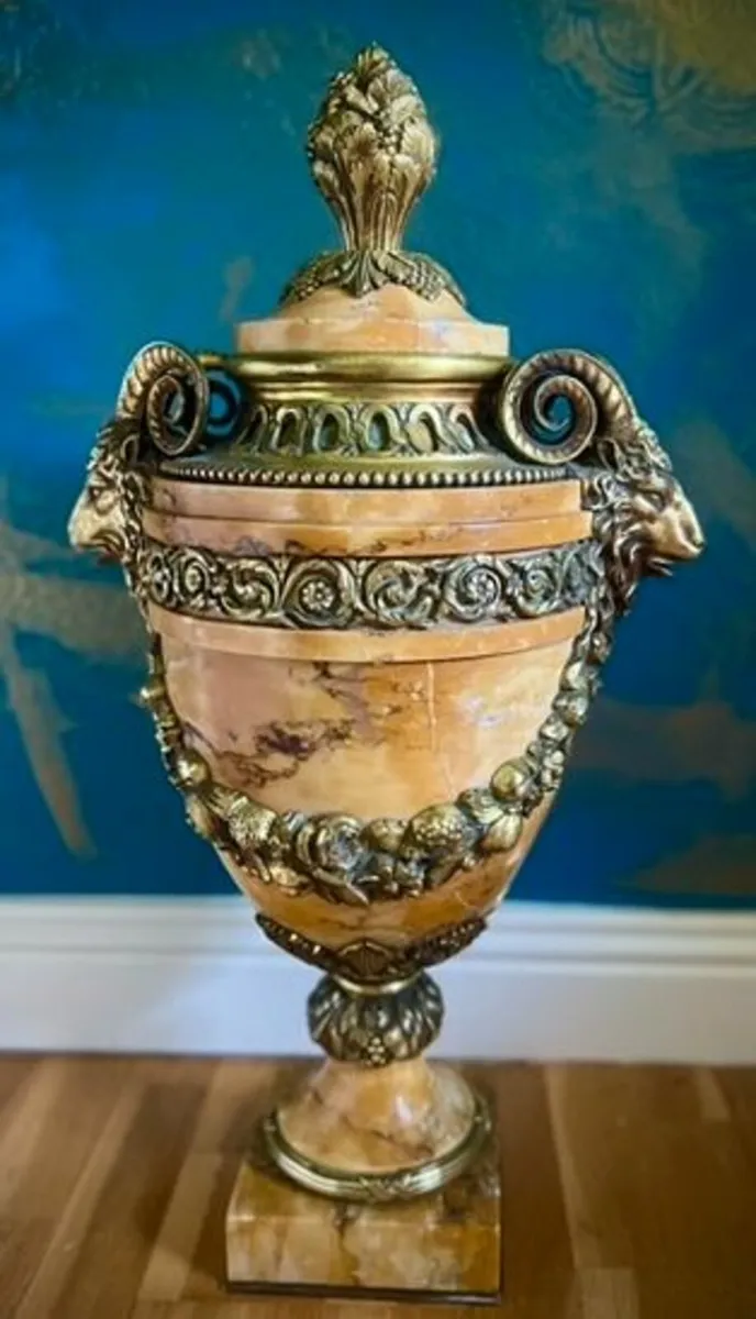 Antique French Marble Urn with Ram Handles and Bra - Image 3