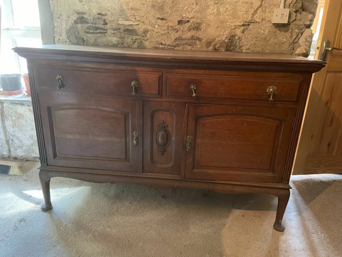 Mahogany table.  Pine wardrobe. Oak side board - Image 1