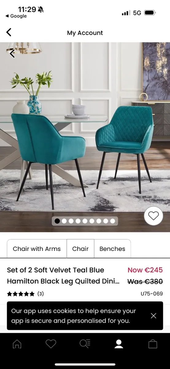 Set of 5 Teal Velvet Dining Chairs - Image 2