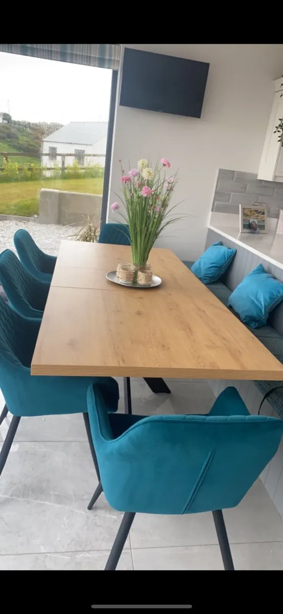 Set of 5 Teal Velvet Dining Chairs - Image 1