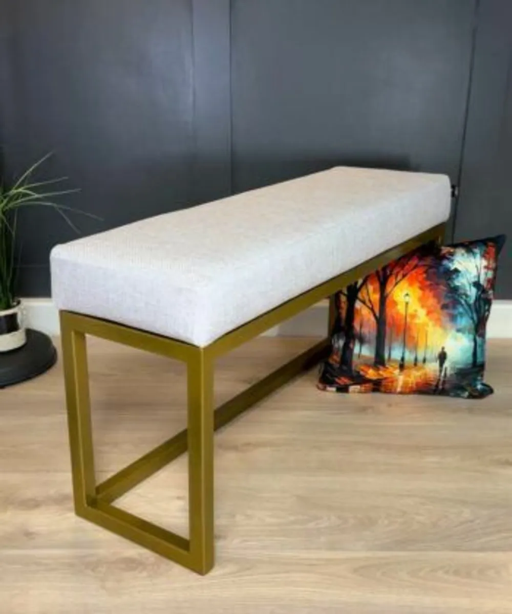 Light Grey Upholstered Metal Bench with Gold Frame