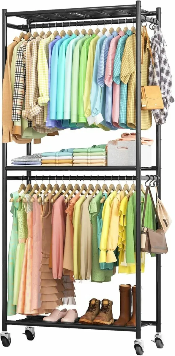 Clothes Rail Clothes Rack Shelves Wheels Black - Image 1