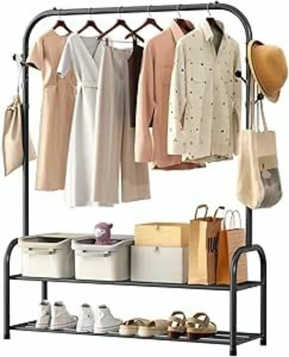 Clothes Rail Bedroom 2 Tiers Storage Shelves black - Image 2