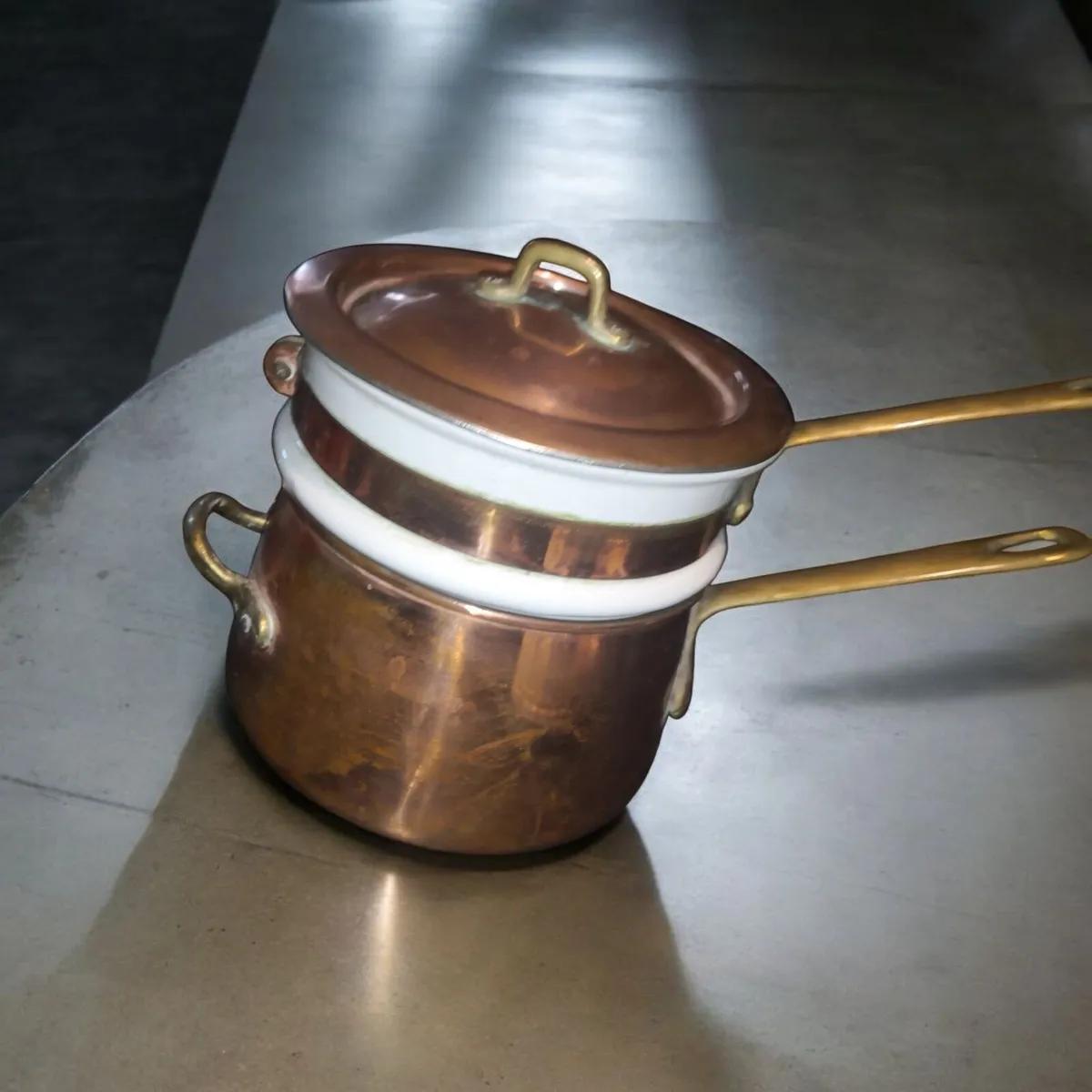 Vintage copper and brass double boiler with porcel - Image 1