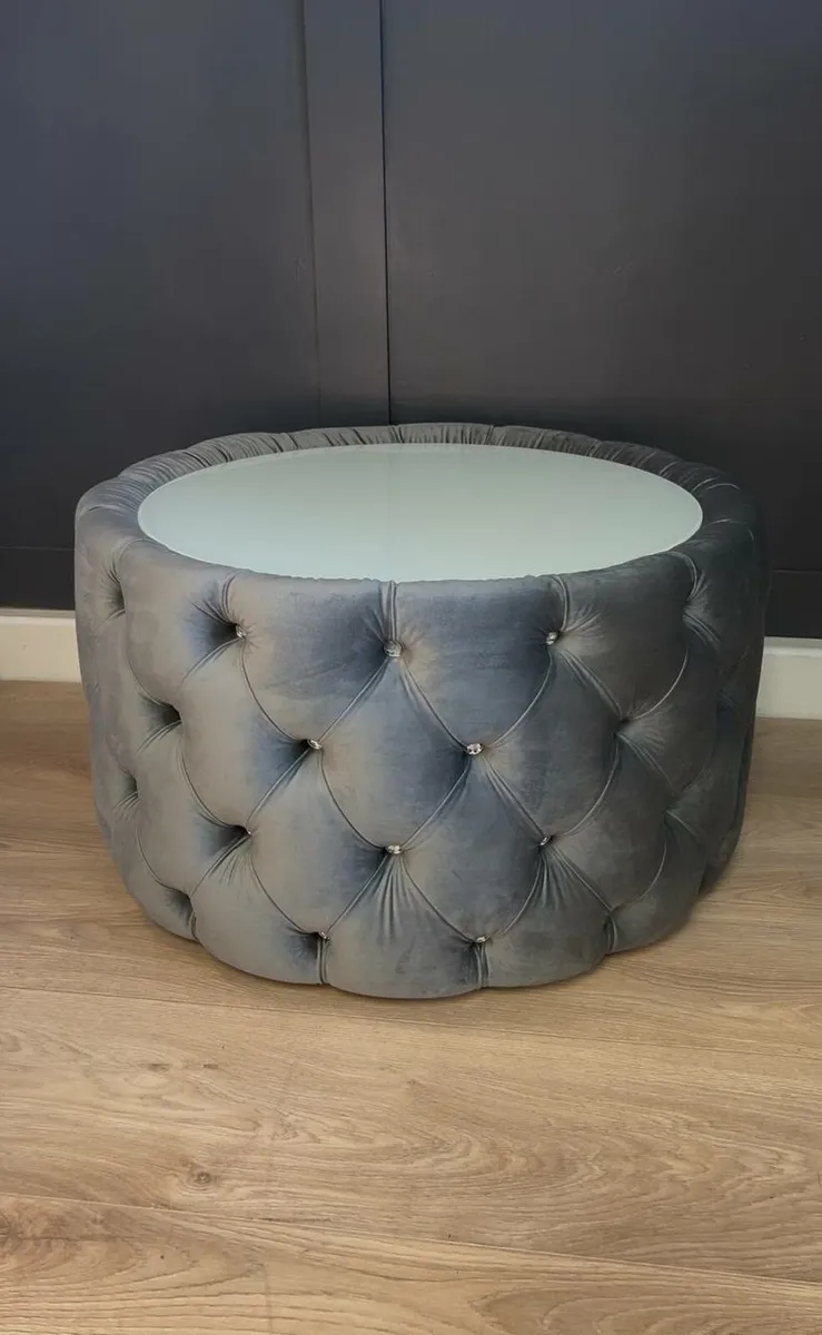 Velvet Button Tufted Round Coffee Table Chesterfie - Image 3