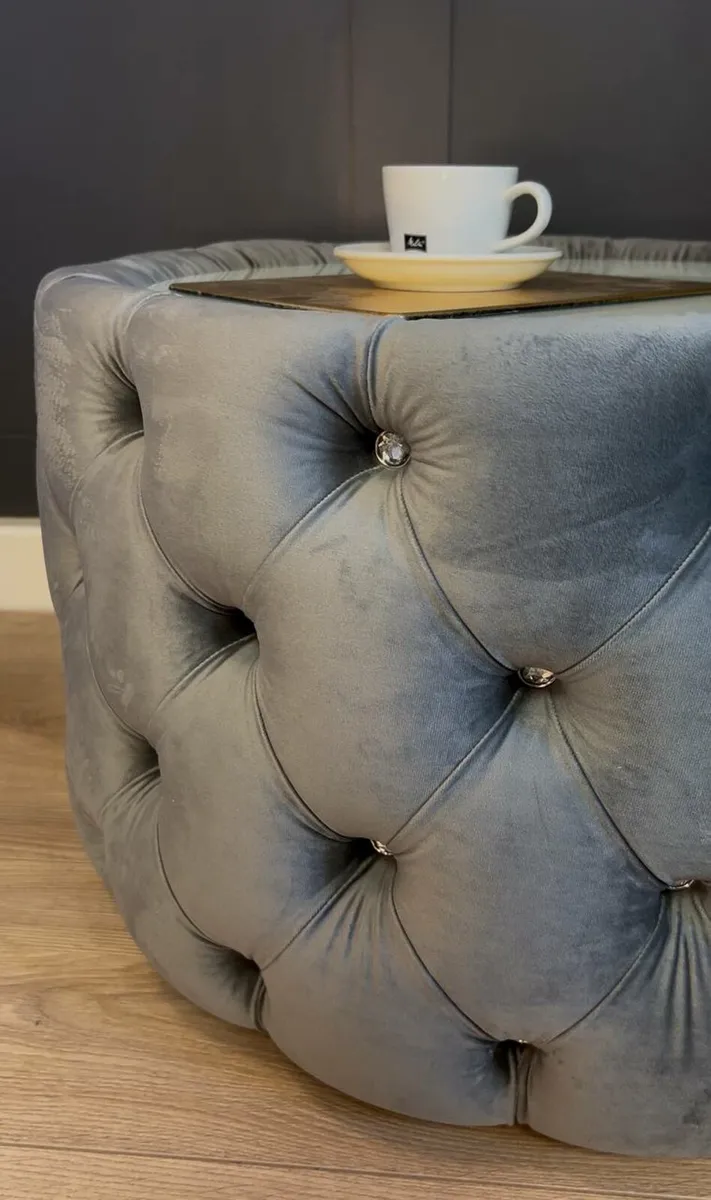 Velvet Button Tufted Round Coffee Table Chesterfie - Image 4