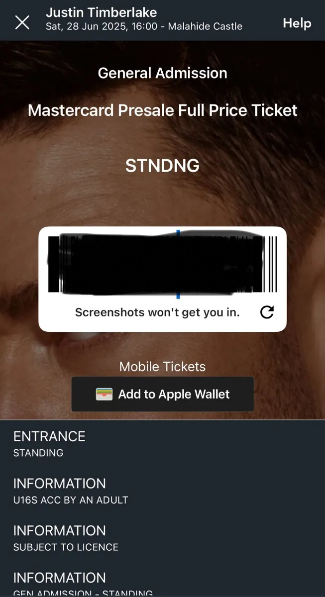 2 tickets for sale for Justin Timberlake - 28 June - Image 2