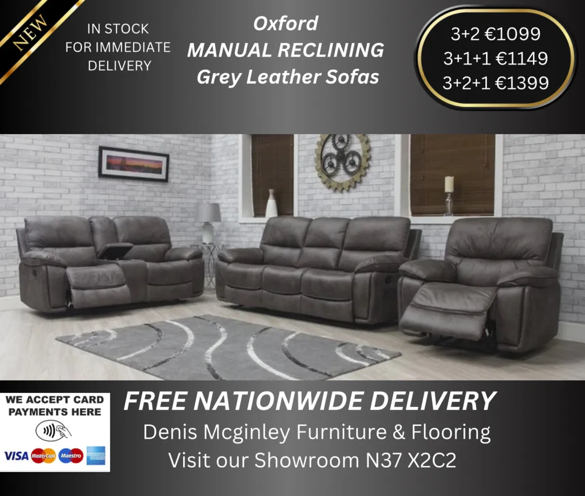 New 3+1+1 Grey Oxford Leather Recliner Sofas - Image 1