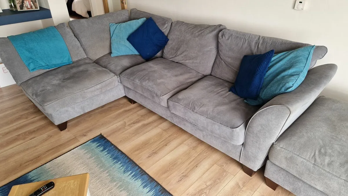 Grey L shape couch armchair and footstool - Image 3