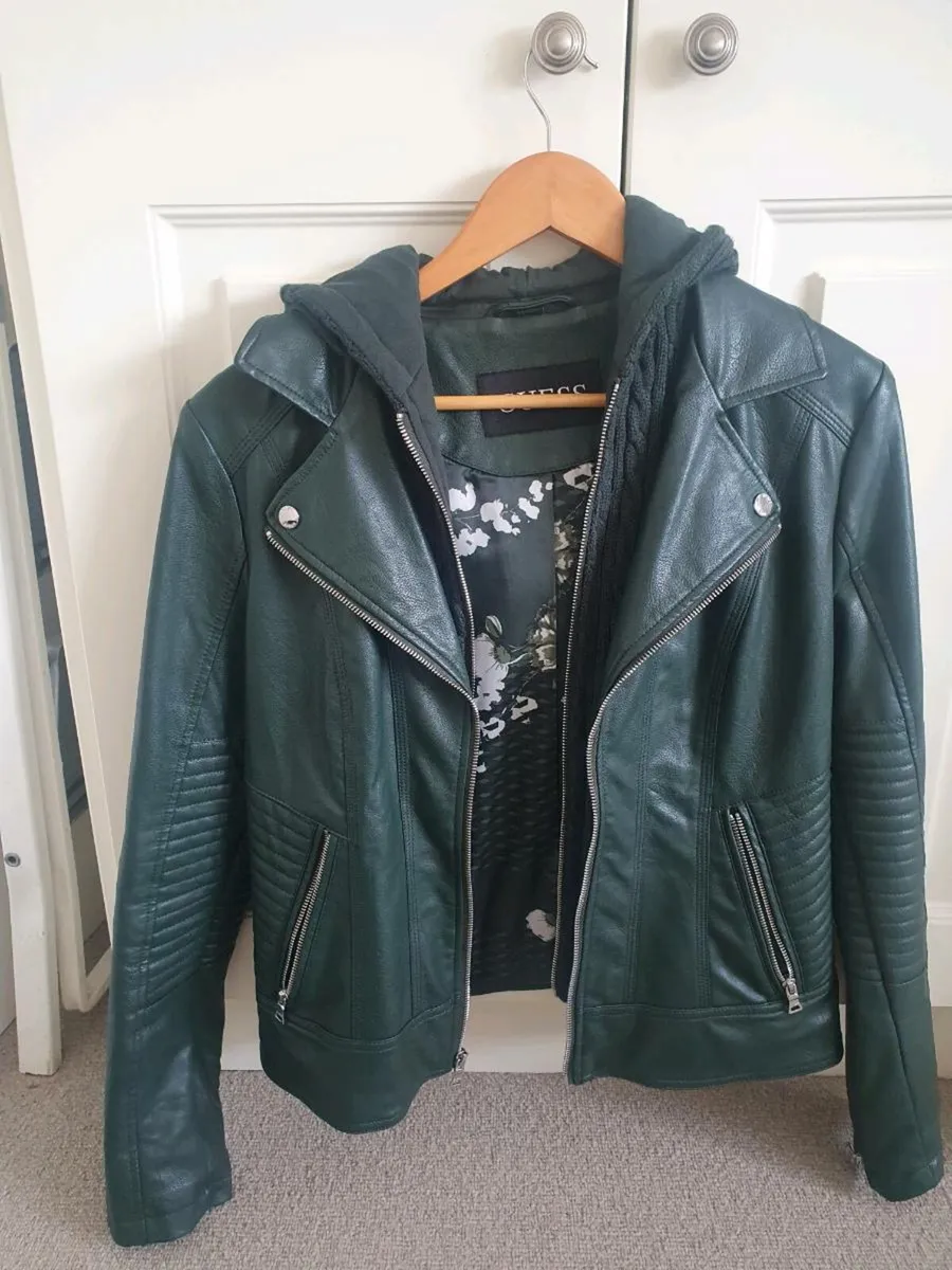 Dark green guess faux leather jacket - Image 3