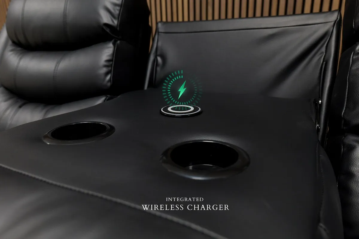 Black 3+2 Roma Leather Wireless Charging Recliner - Image 4